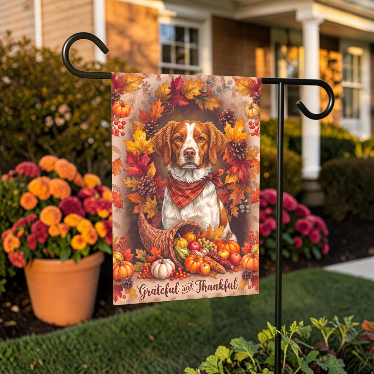 Grateful And Thankful Brittany Thanksgiving Garden Flag