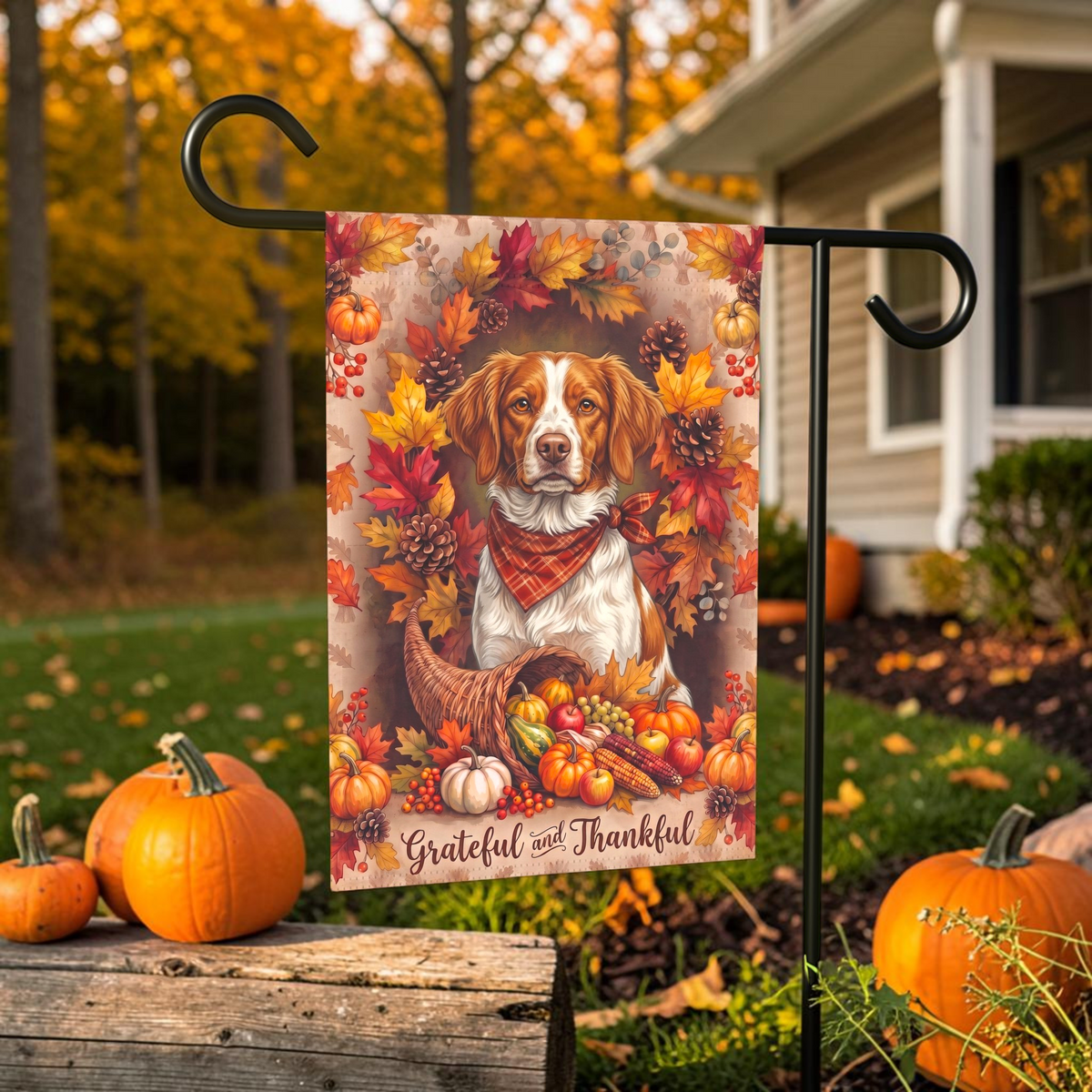 Grateful And Thankful Brittany Thanksgiving Garden Flag