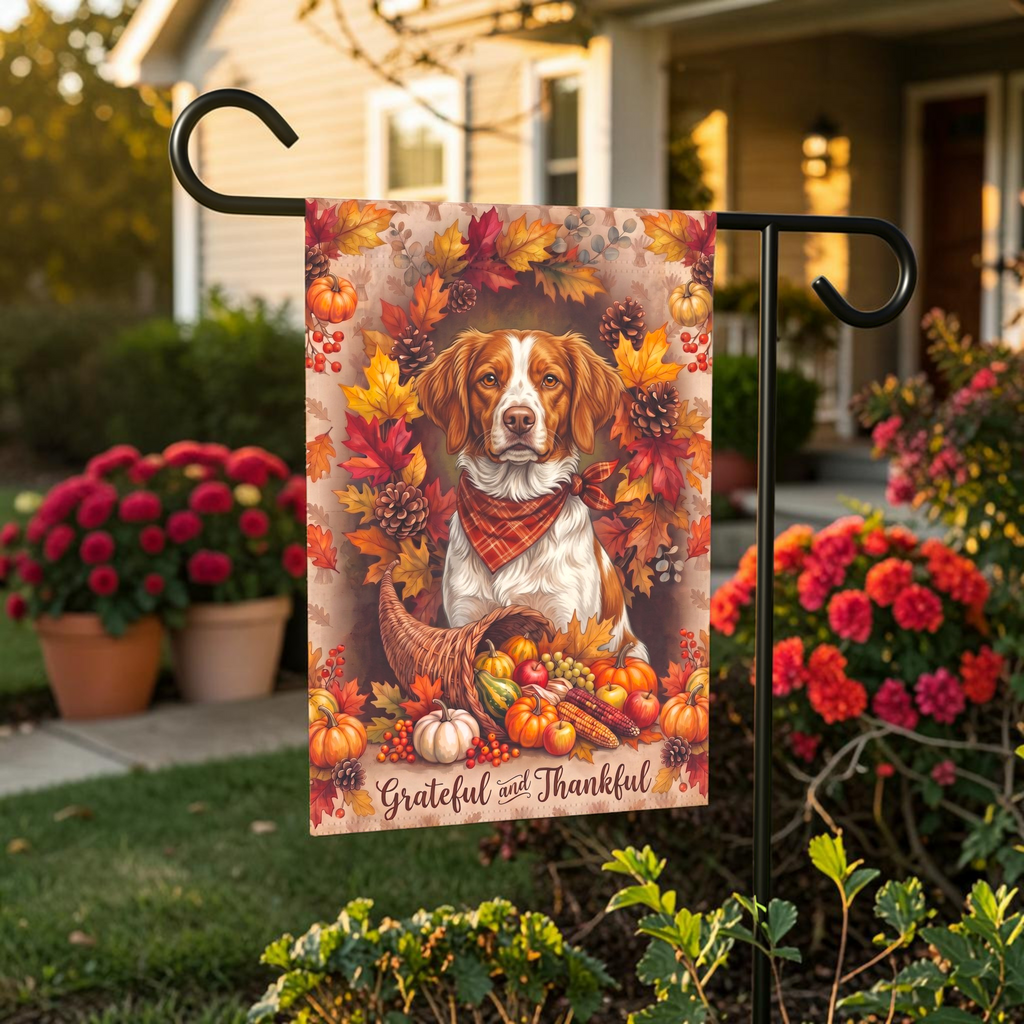 Grateful And Thankful Brittany Thanksgiving Garden Flag