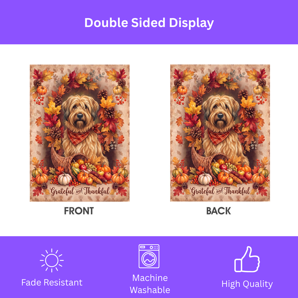 Grateful And Thankful Briard Thanksgiving Garden Flag
