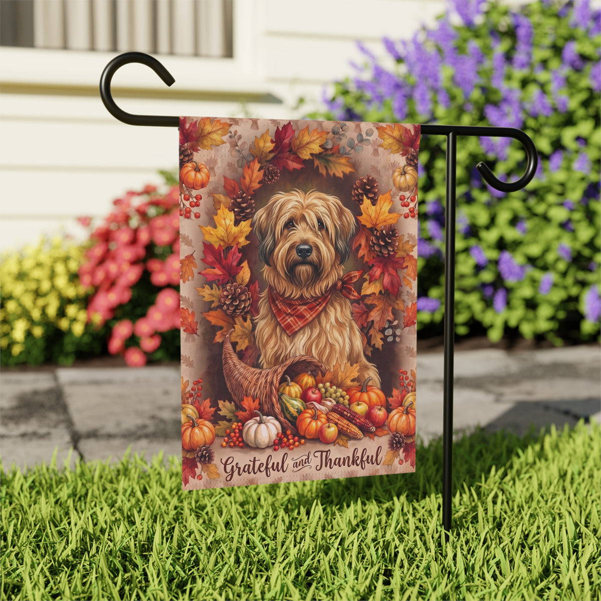 Grateful And Thankful Briard Thanksgiving Garden Flag