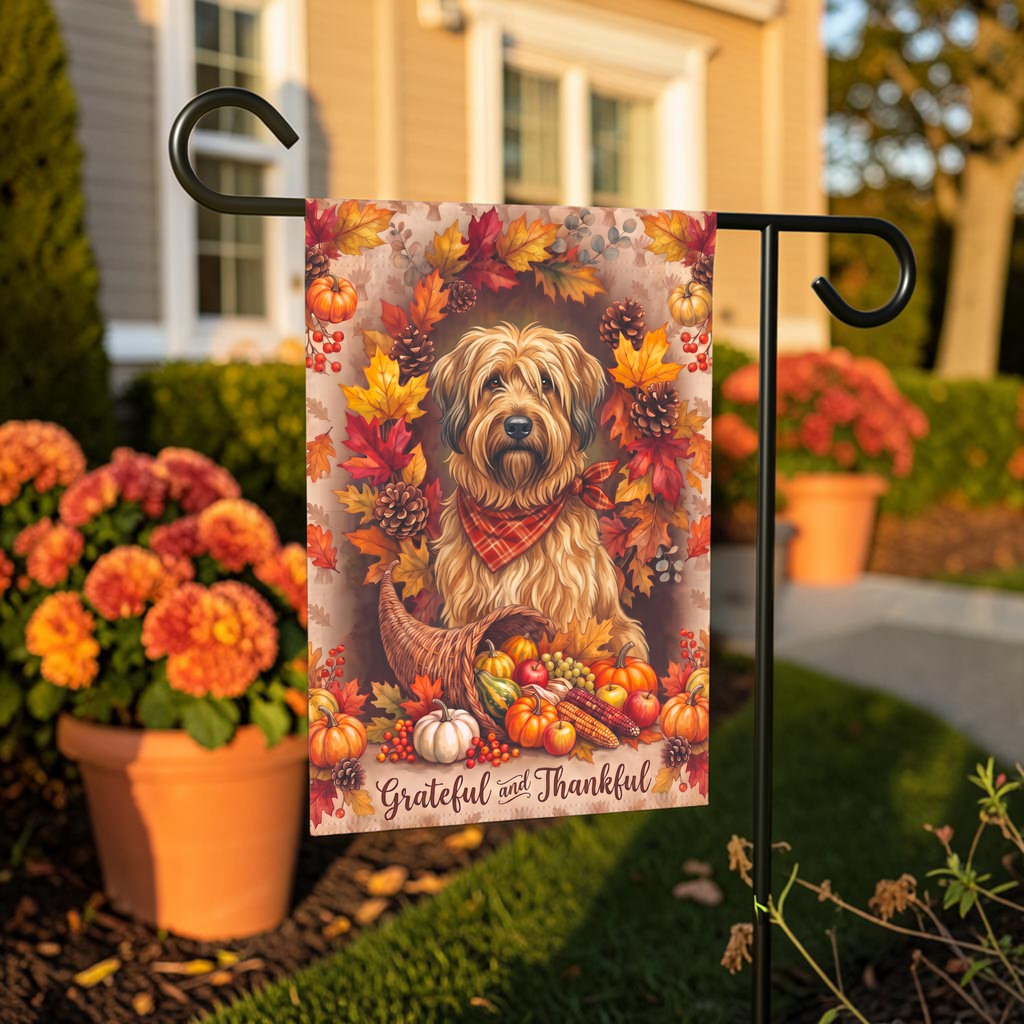 Grateful And Thankful Briard Thanksgiving Garden Flag