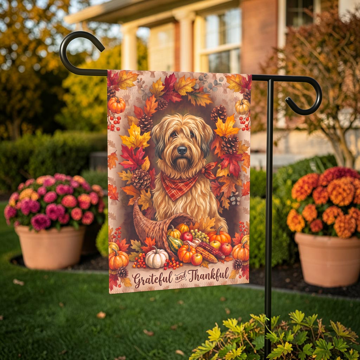 Grateful And Thankful Briard Thanksgiving Garden Flag