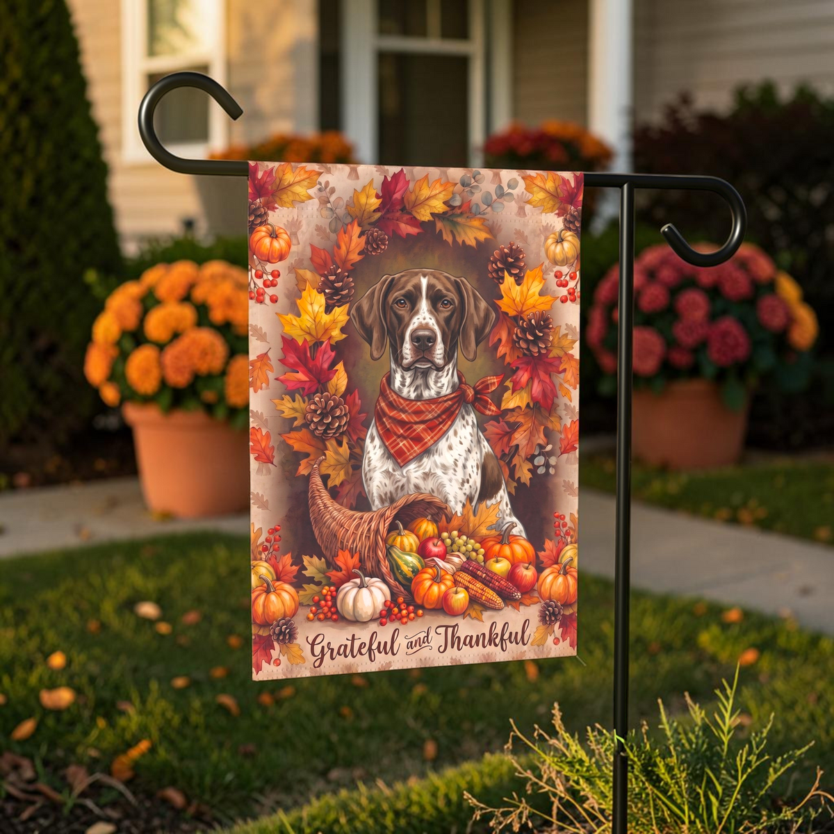 Grateful And Thankful Braque Francais Pyrenean Thanksgiving Garden Flag
