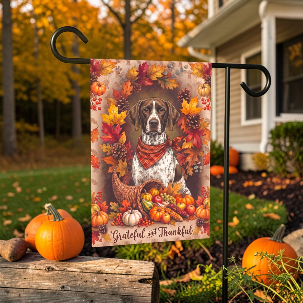 Grateful And Thankful Braque Francais Pyrenean Thanksgiving Garden Flag