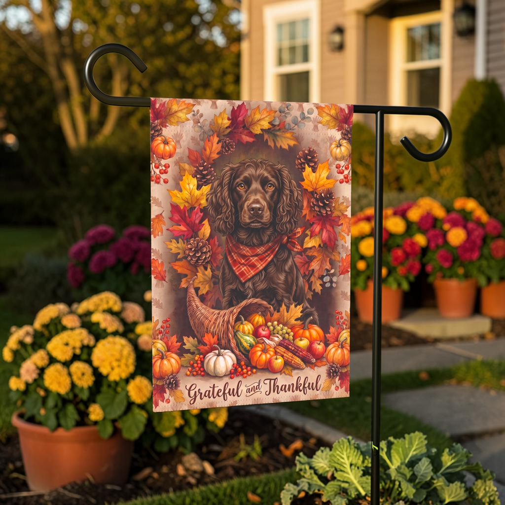 Grateful And Thankful Boykin Spaniel Thanksgiving Garden Flag