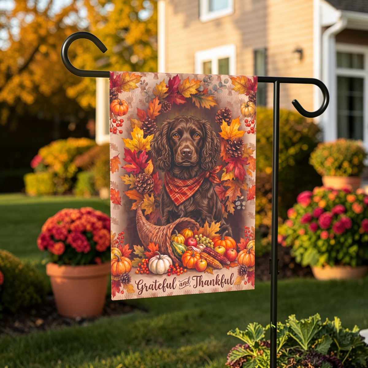 Grateful And Thankful Boykin Spaniel Thanksgiving Garden Flag