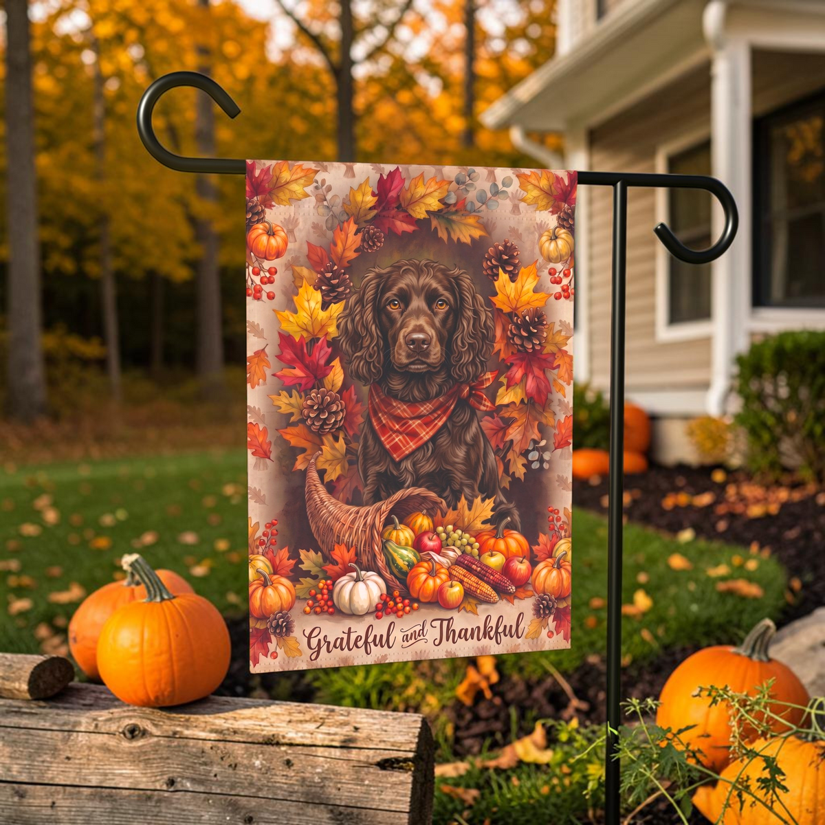 Grateful And Thankful Boykin Spaniel Thanksgiving Garden Flag