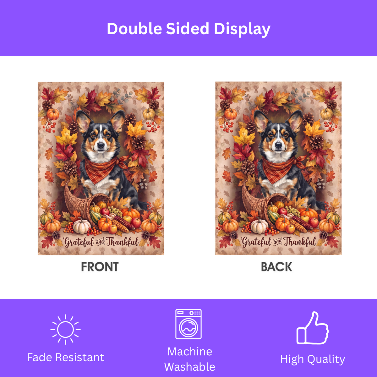 Grateful and Thankful Cardigan Welsh Corgi Thanksgiving Garden Flag