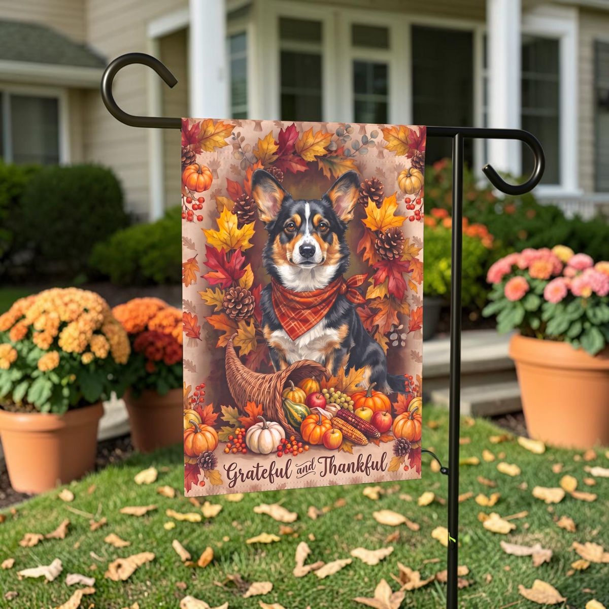 Grateful and Thankful Cardigan Welsh Corgi Thanksgiving Garden Flag