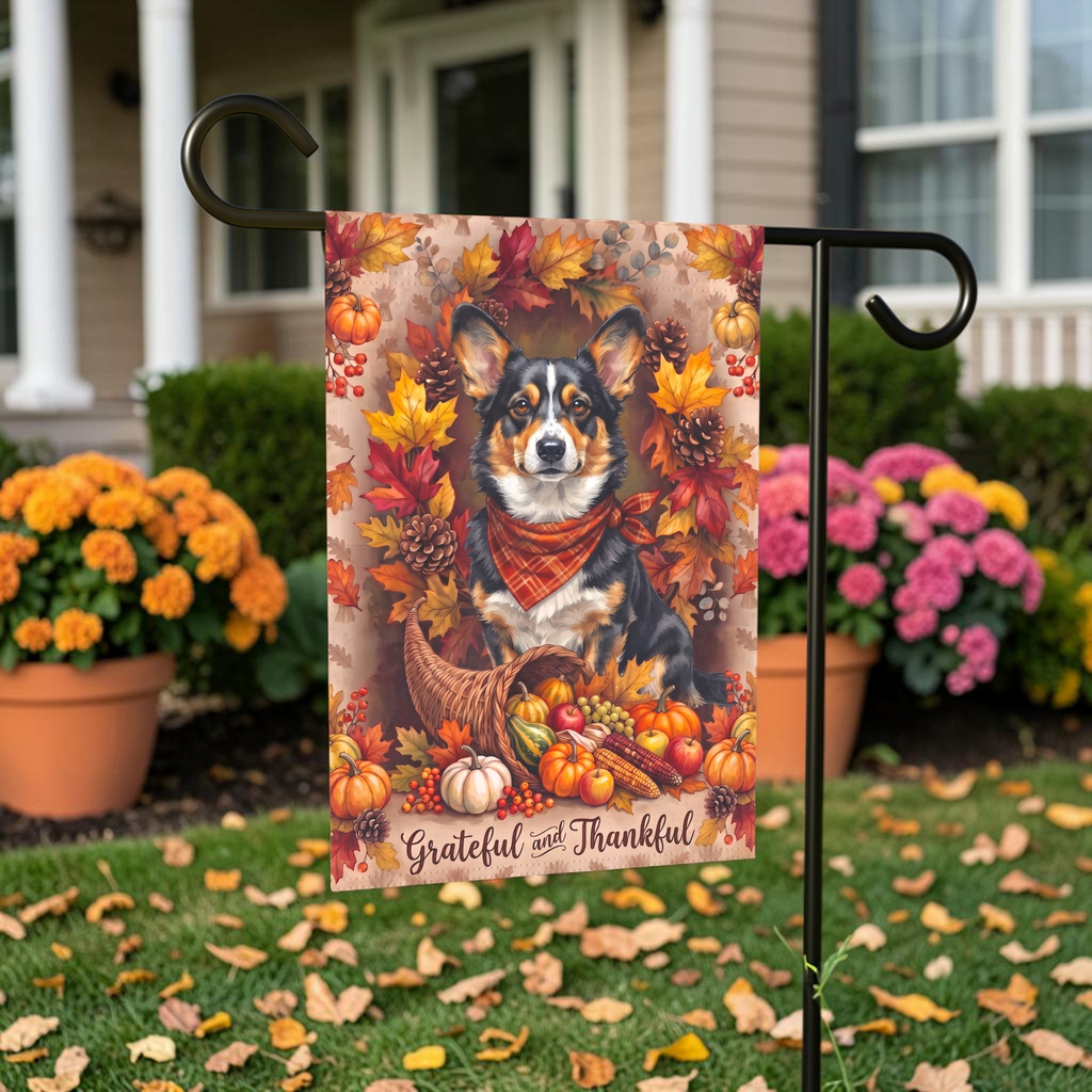 Grateful and Thankful Cardigan Welsh Corgi Thanksgiving Garden Flag