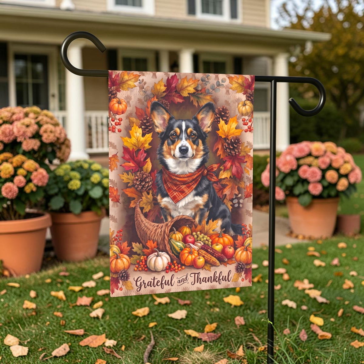 Grateful and Thankful Cardigan Welsh Corgi Thanksgiving Garden Flag