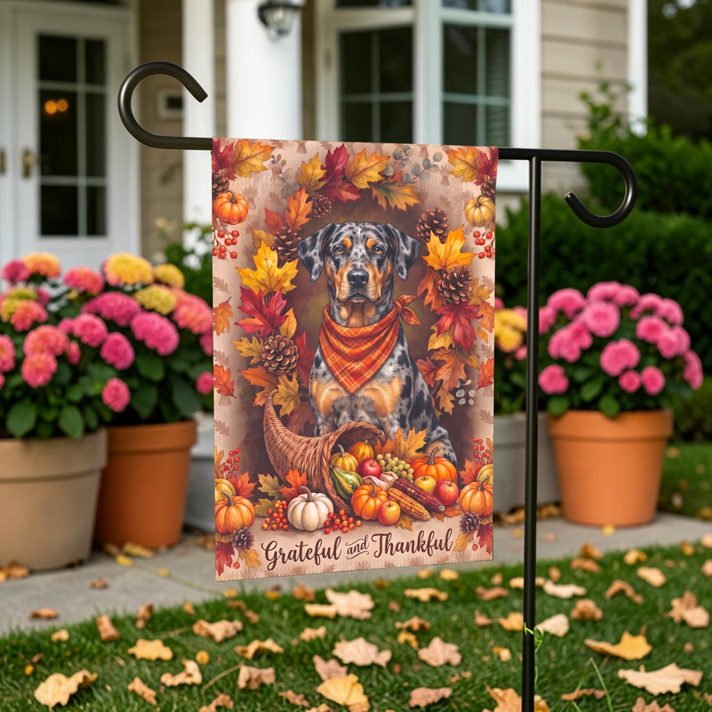 Grateful And Thankful Catahoula Leopard Dog Thanksgiving Garden Flag