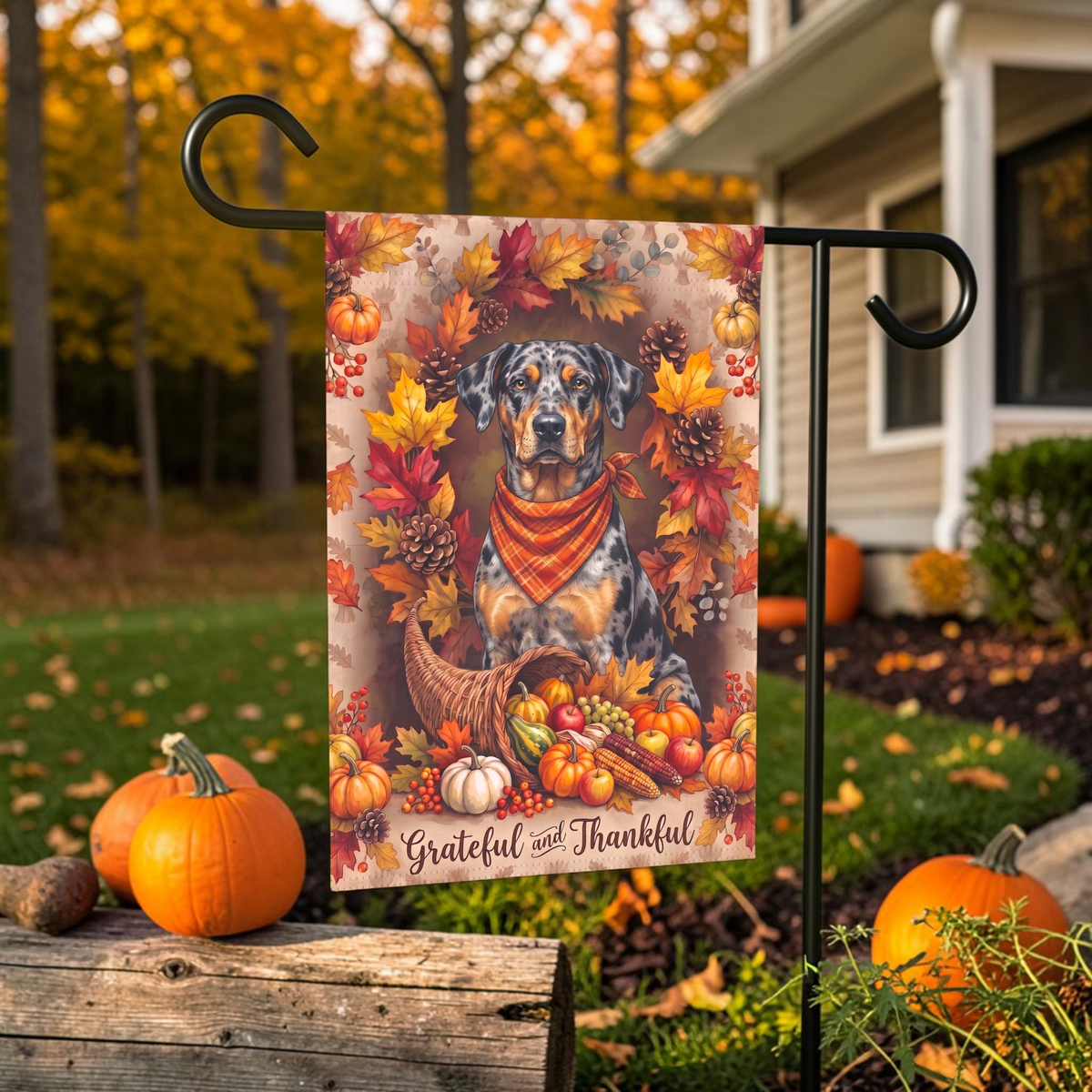 Grateful And Thankful Catahoula Leopard Dog Thanksgiving Garden Flag