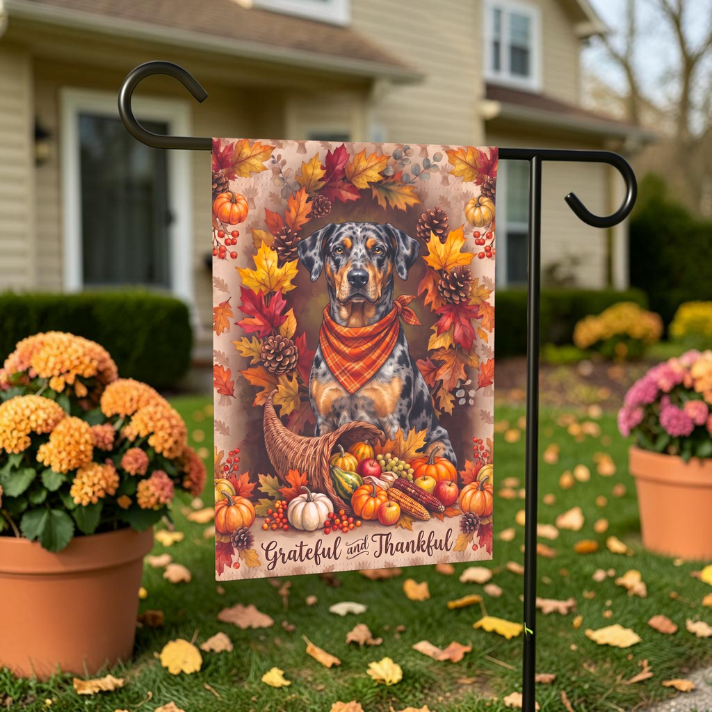 Grateful And Thankful Catahoula Leopard Dog Thanksgiving Garden Flag