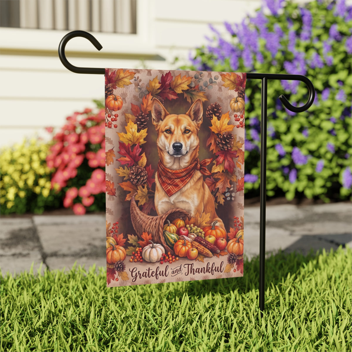 Grateful and Thankful Carolina Dog Thanksgiving Garden Flag