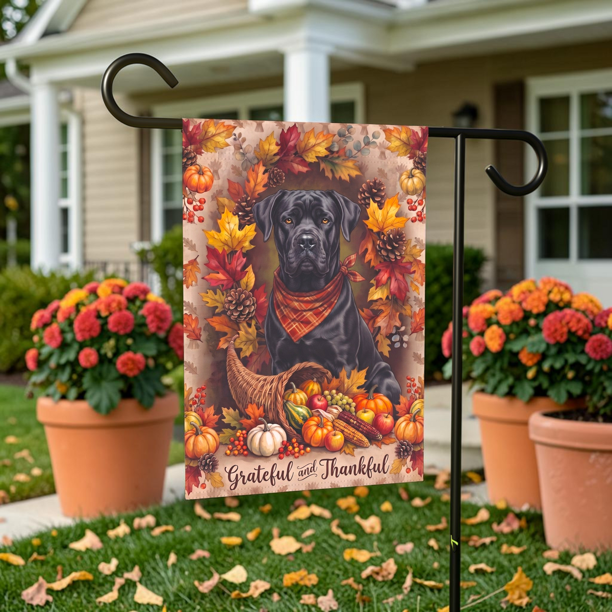 Grateful And Thankful Cane Corso Thanksgiving Garden Flag