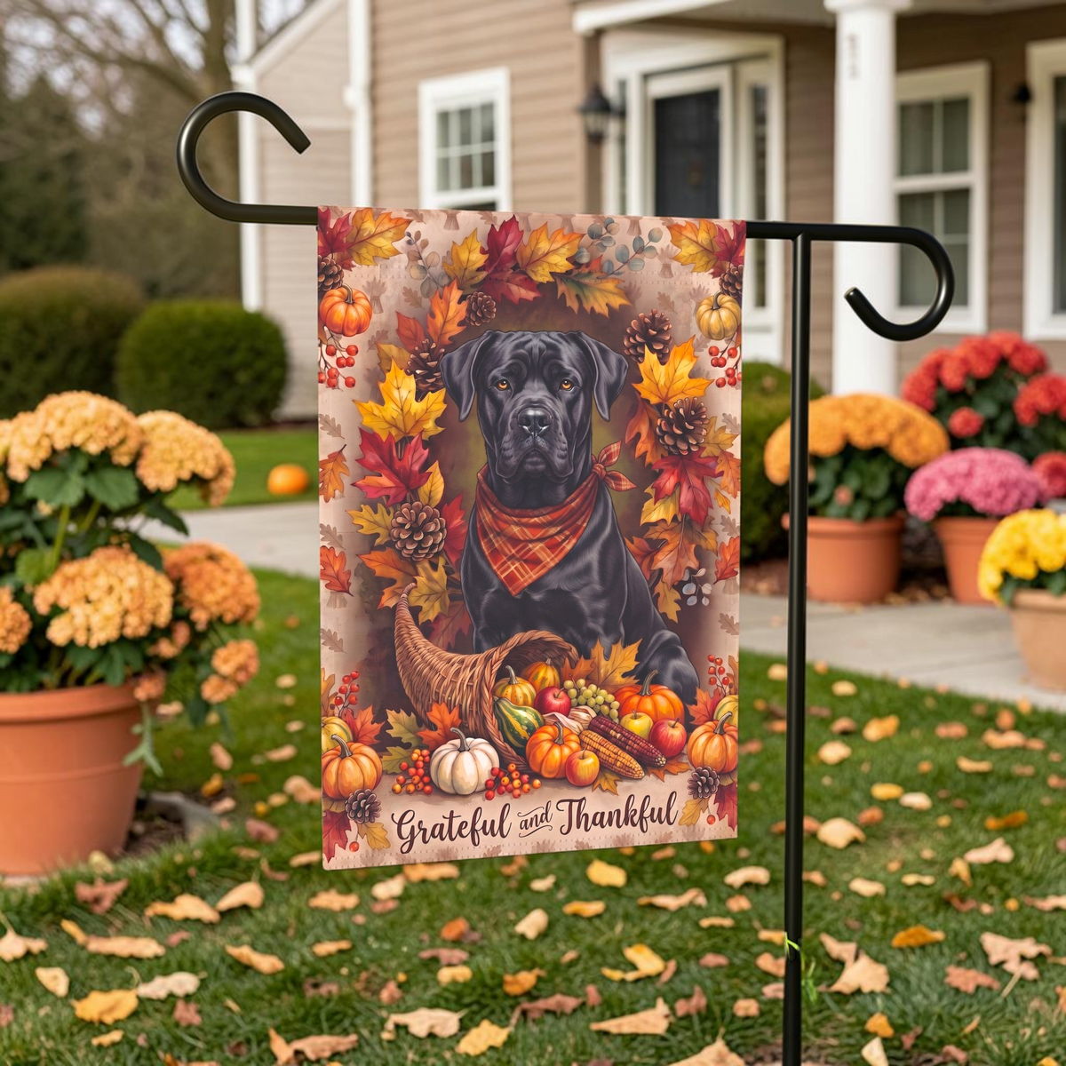 Grateful And Thankful Cane Corso Thanksgiving Garden Flag