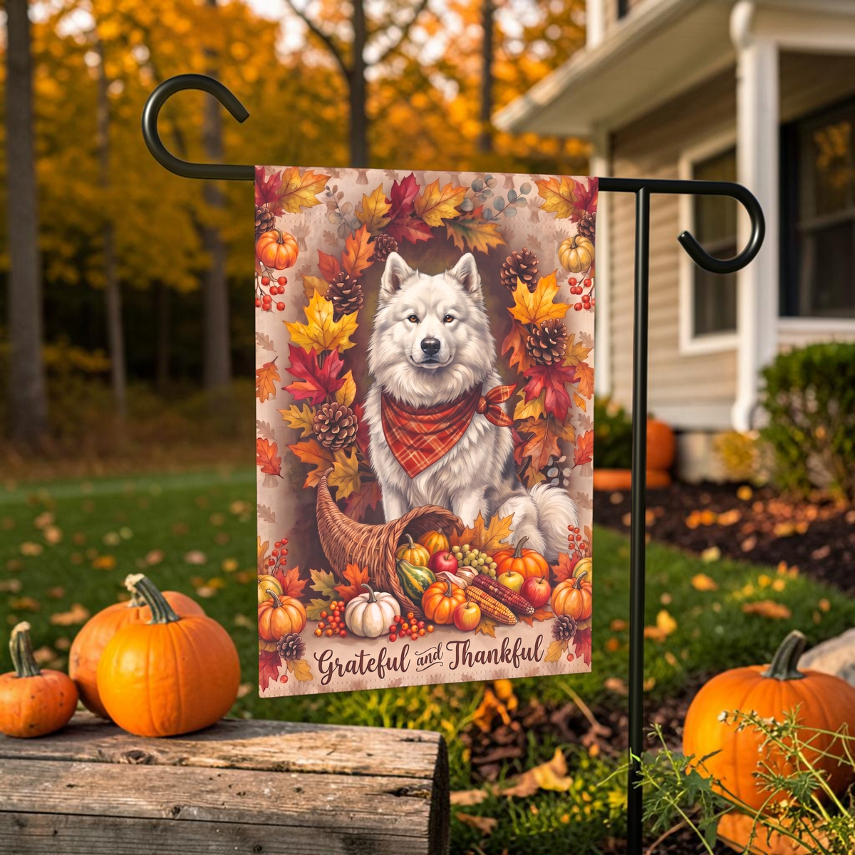 Grateful and Thankful Canadian Eskimo Dog Thanksgiving Garden Flag