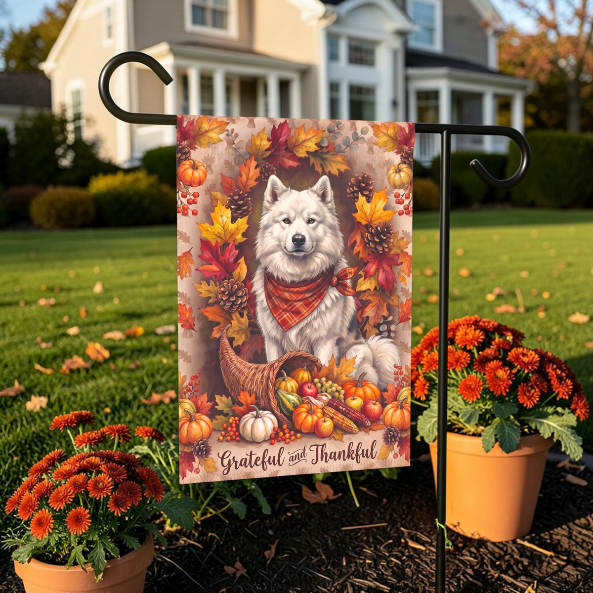 Grateful and Thankful Canadian Eskimo Dog Thanksgiving Garden Flag