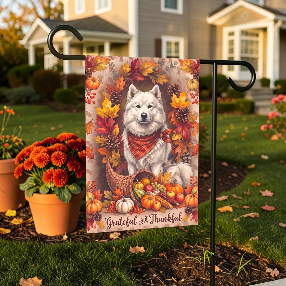Grateful and Thankful Canadian Eskimo Dog Thanksgiving Garden Flag