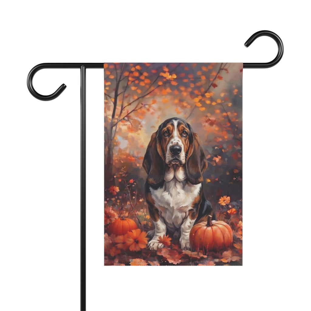 Fall Basset Hound With Pumpkins Autumn Garden Flag