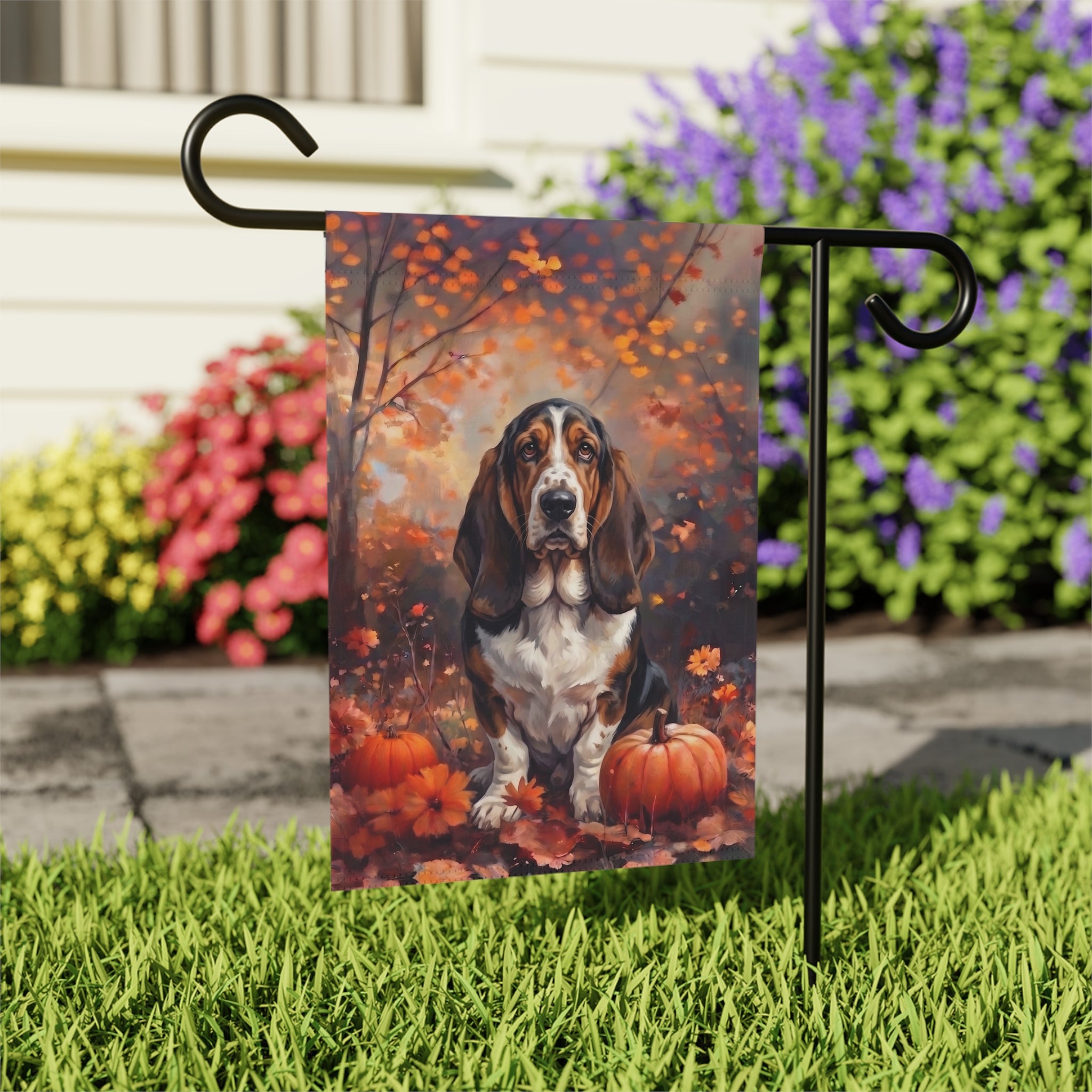 Fall Basset Hound With Pumpkins Autumn Garden Flag