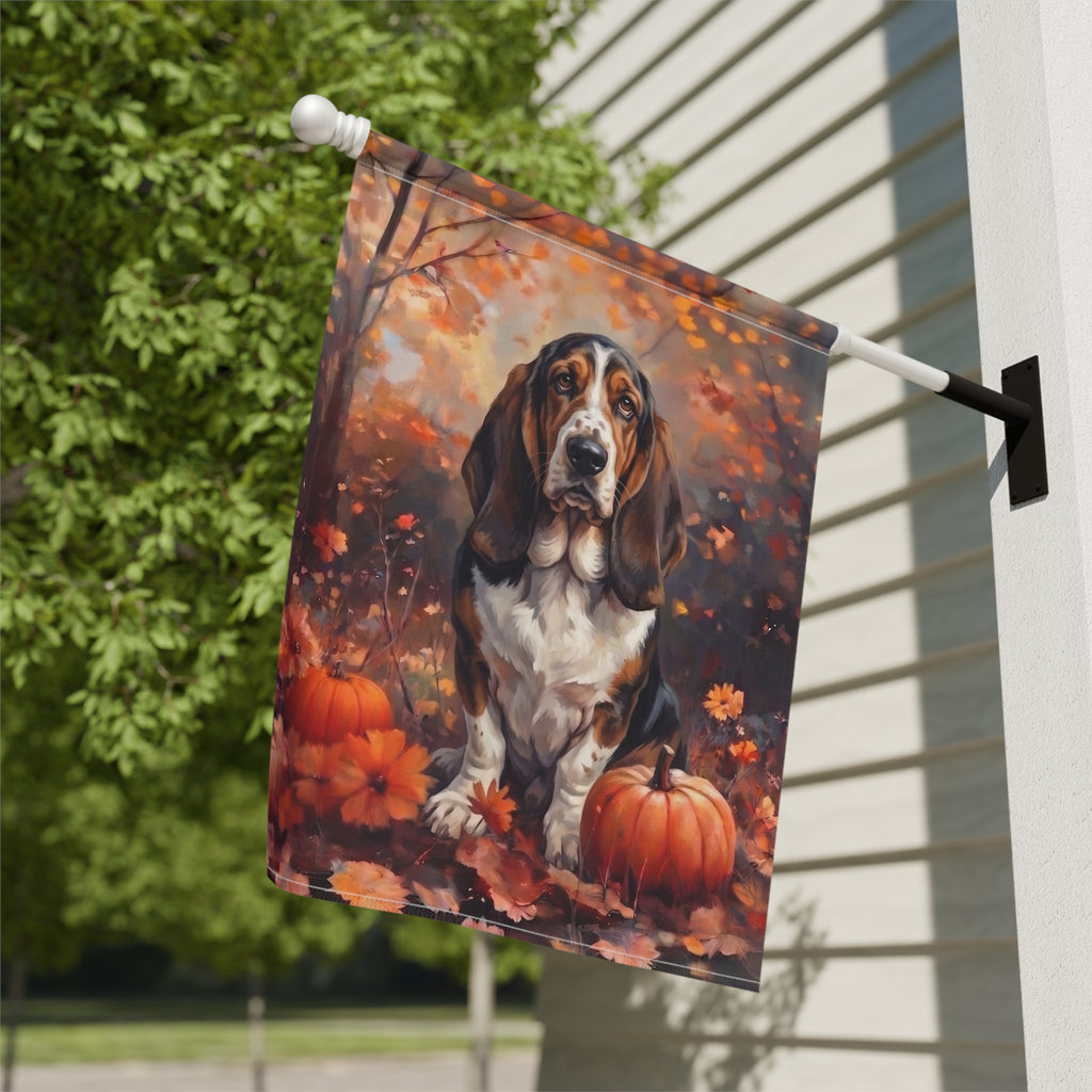 Fall Basset Hound With Pumpkins Autumn Garden Flag