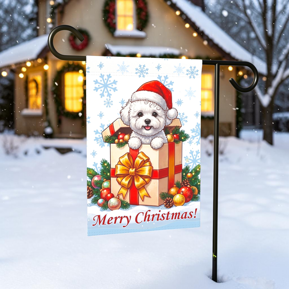 Bichon Frise and Christmas Present Garden Flag
