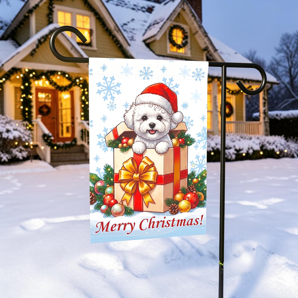 Bichon Frise and Christmas Present Garden Flag