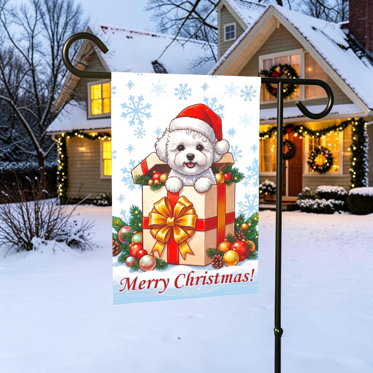 Bichon Frise and Christmas Present Garden Flag