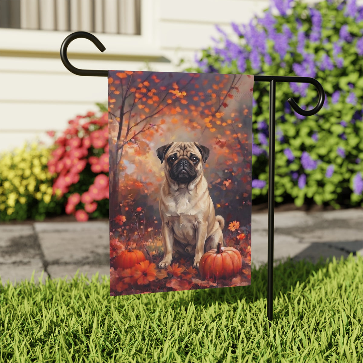 Fall Pug With Pumpkins Autumn Garden Flag Double Sided 12x18 24x32 Outdoor