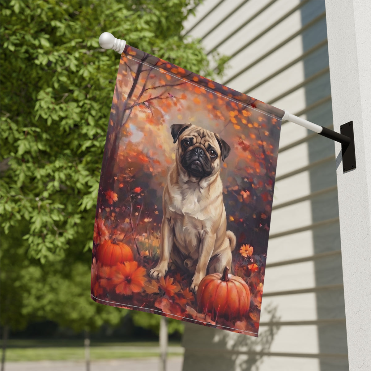 Fall Pug With Pumpkins Autumn Garden Flag Double Sided 12x18 24x32 Outdoor