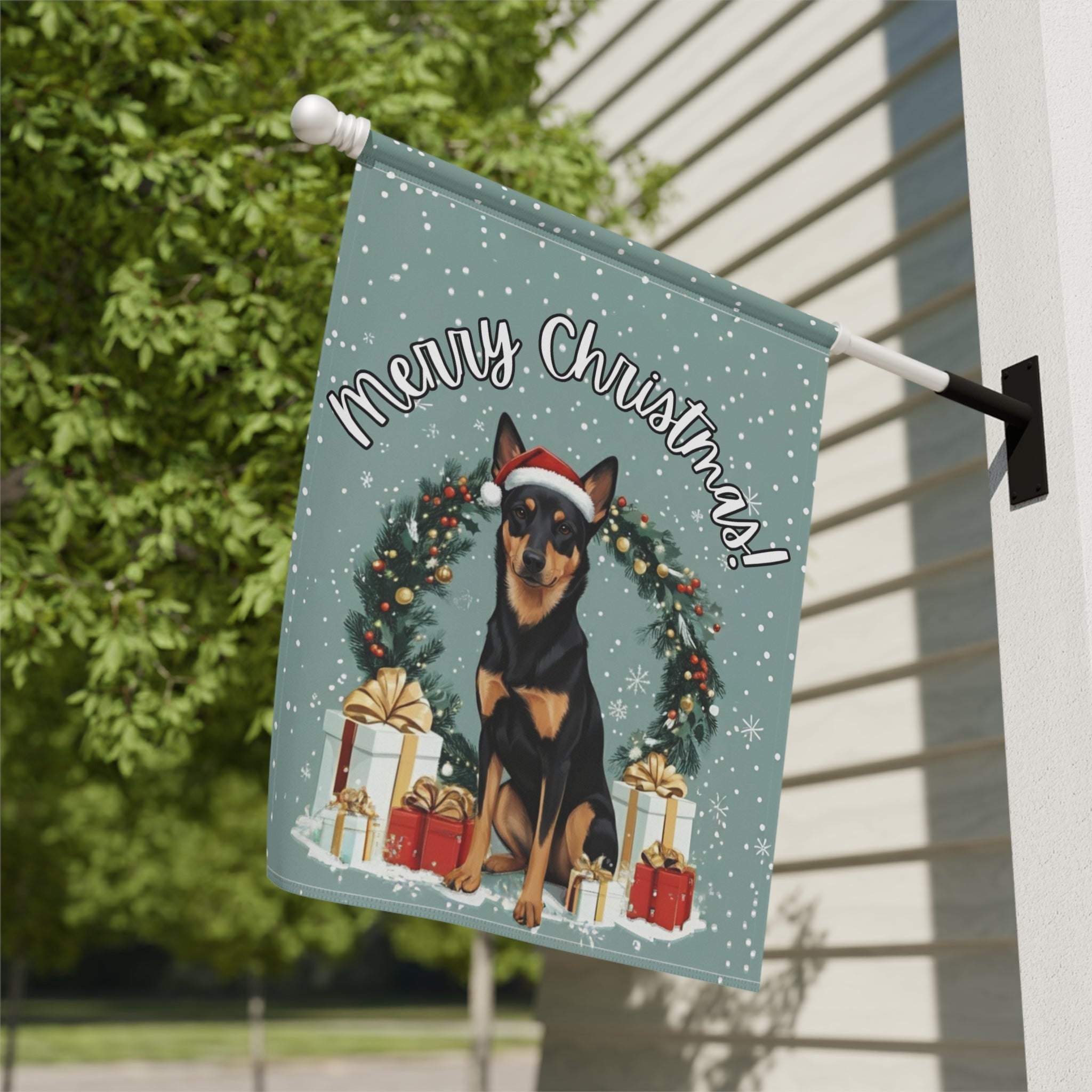 Christmas Australian Kelpie Garden Flag - lifestyle display - Dragonfire Gardens